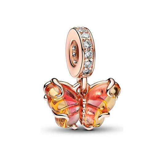 Pink and Yellow Murano Glass Butterfly Dangle Charm - Rose