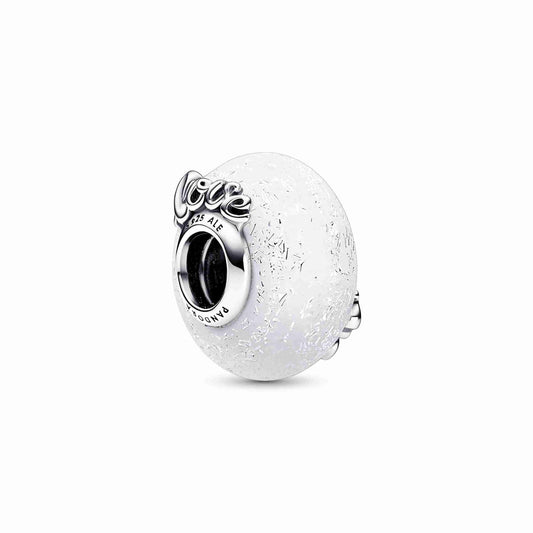 Glittery White Mom & Love Murano Glass Charm