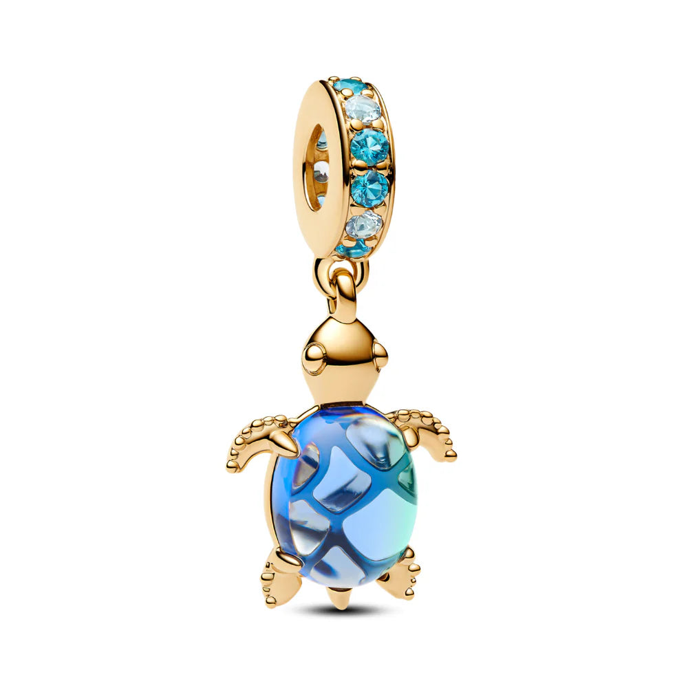Glass Blue Sea Turtle Dangle Charm - Gold