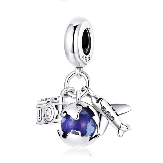 Camera, Earth & Plane Triple Dangle Charm