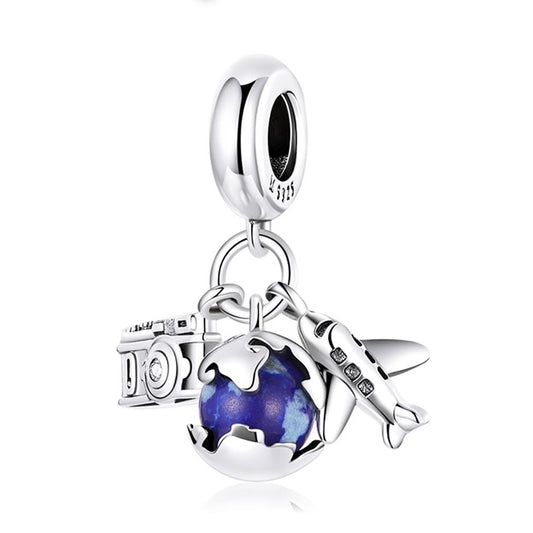 Camera, Earth & Plane Triple Dangle Charm