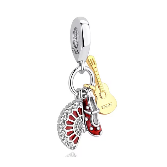 Spanish Guitar, Flamenco Shoe and Fan Triple Dangle Charm