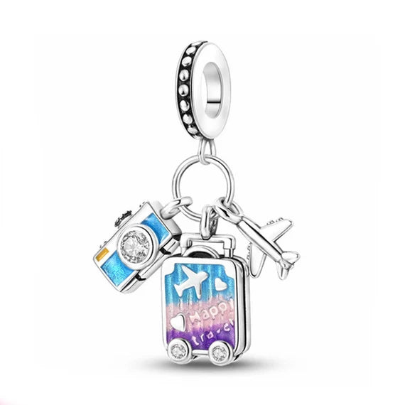 Camera, Suitcase & Plane Triple Dangle Charm
