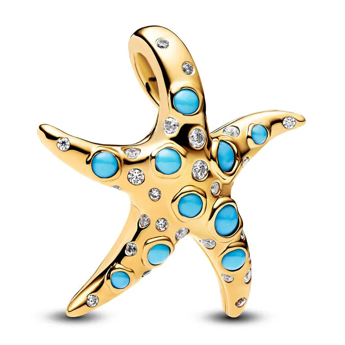 Sparkling Blue Starfish Dangle Charm - Gold