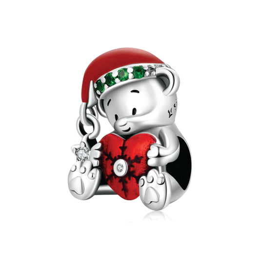 Christmas Bear Embrace Red Heart Charm