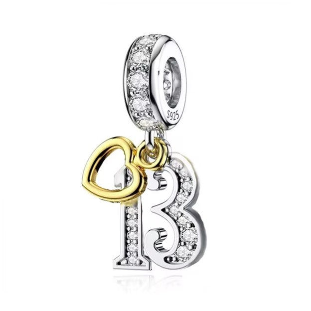 13th Celebration Double Dangle Charm With Heart