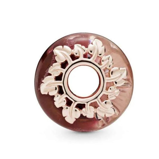 Pink Murano Glass and Leaves Charm - Rose Gold