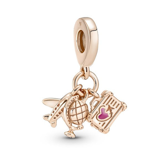 Airplane, Globe & Suitcase Triple Dangle Charm - Rose