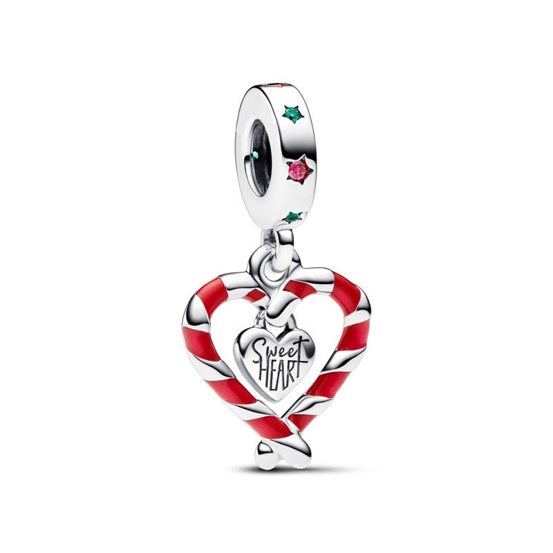 Double Candy Cane Heart Christmas Dangle Charm