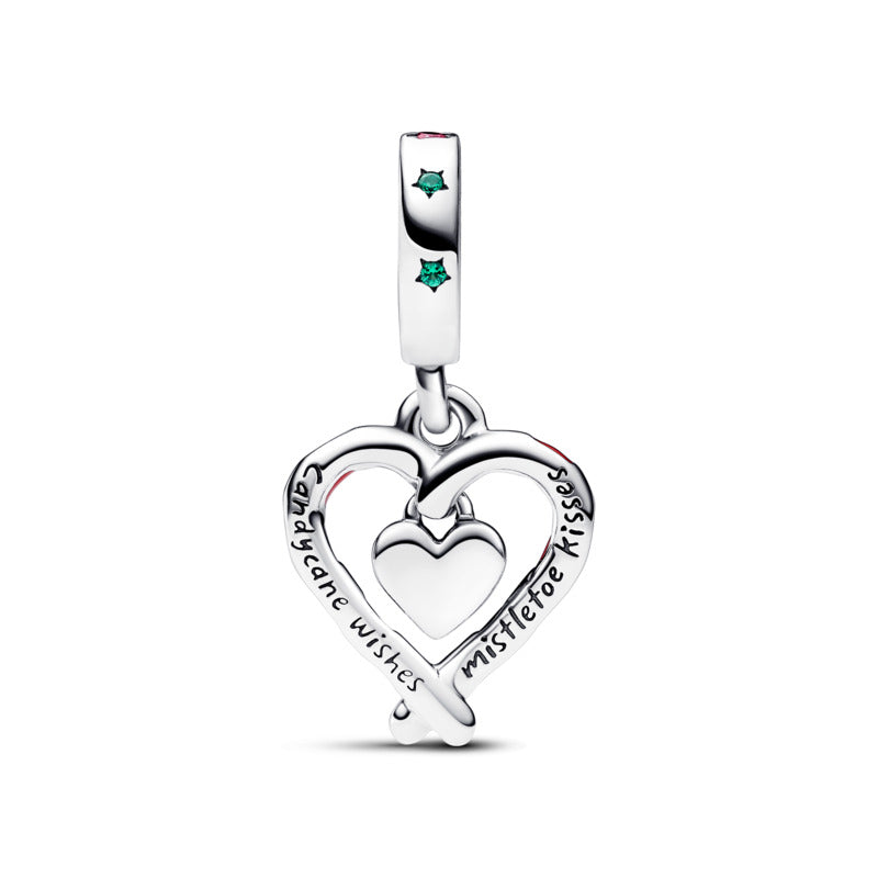 Double Candy Cane Heart Christmas Dangle Charm