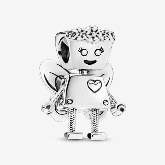 Robot Girl With Flowers & Wings Silver Charm