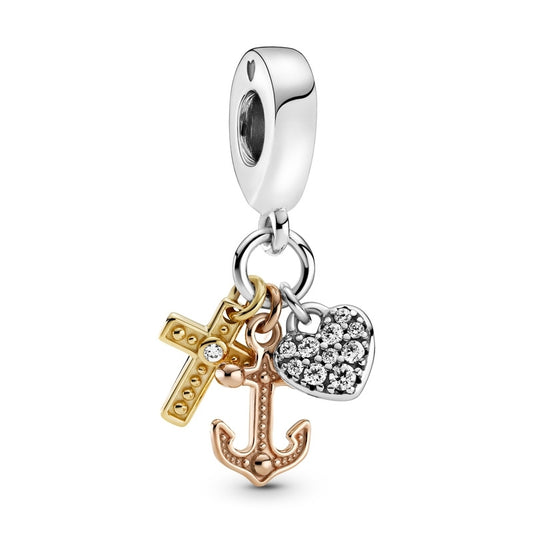 Triple-Tone Cross, Heart & Anchor Dangle Charm