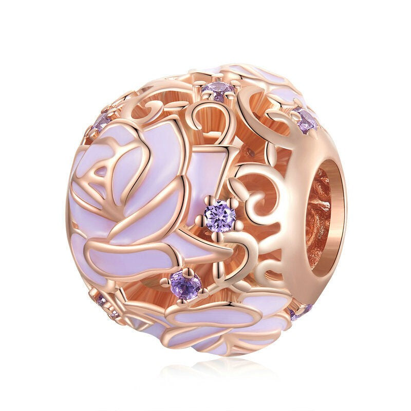 Openwork Purple Rose Charm - Rose Gold