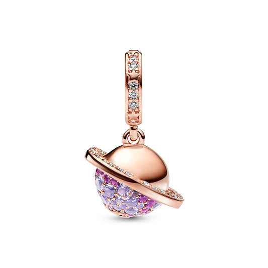 Planet Saturn Sparkling Dangle Charm - Rose Gold