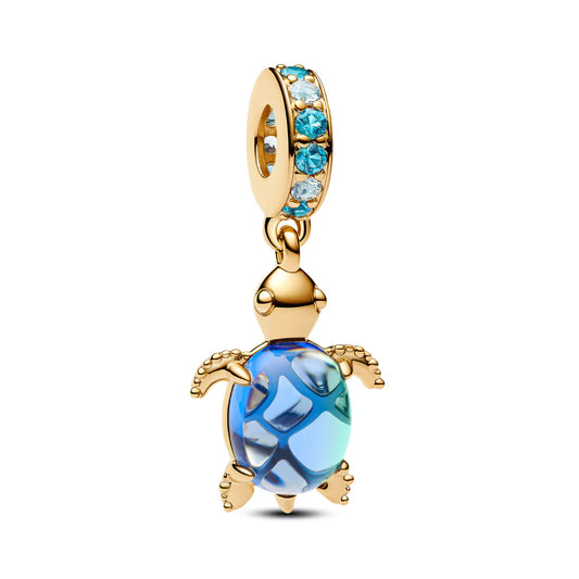 Glass Blue Sea Turtle Dangle Charm - Gold