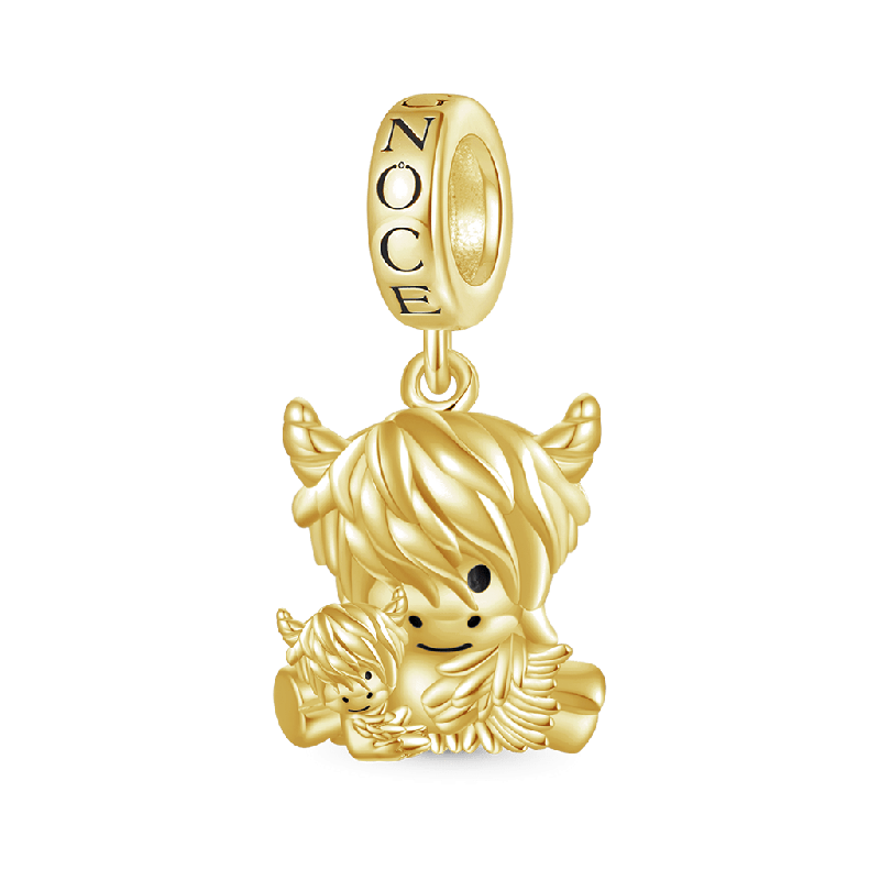 Highland Cow Mother and Child Dangle Charm - Gold