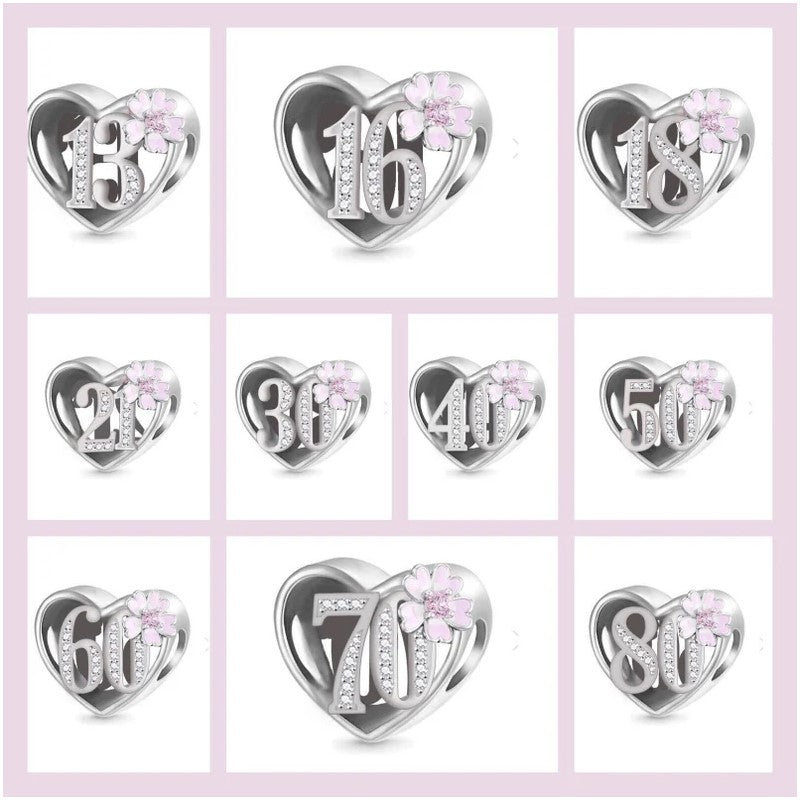 Birthday Charm Pink Flower & Heart Bead Charm