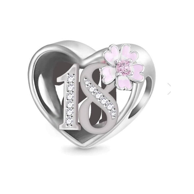 Birthday Charm Pink Flower & Heart Bead Charm