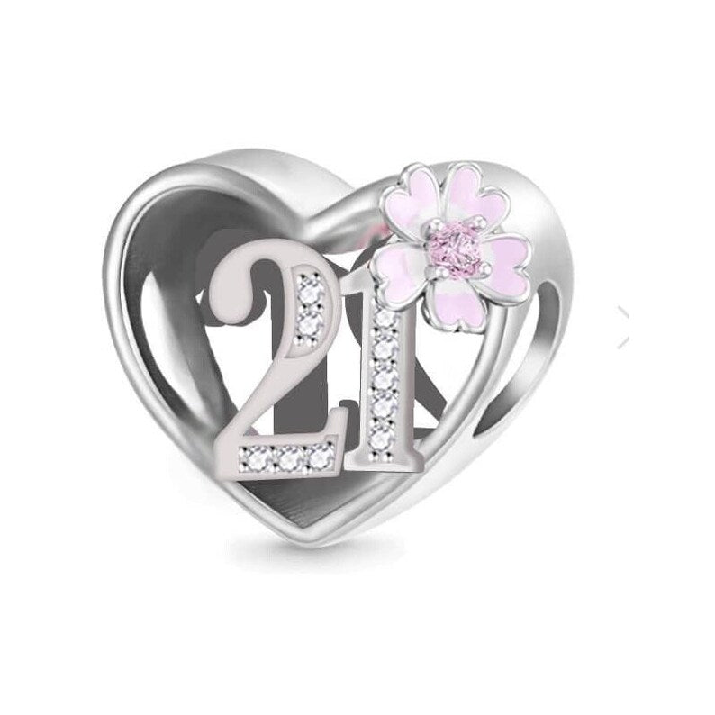 Birthday Charm Pink Flower & Heart Bead Charm