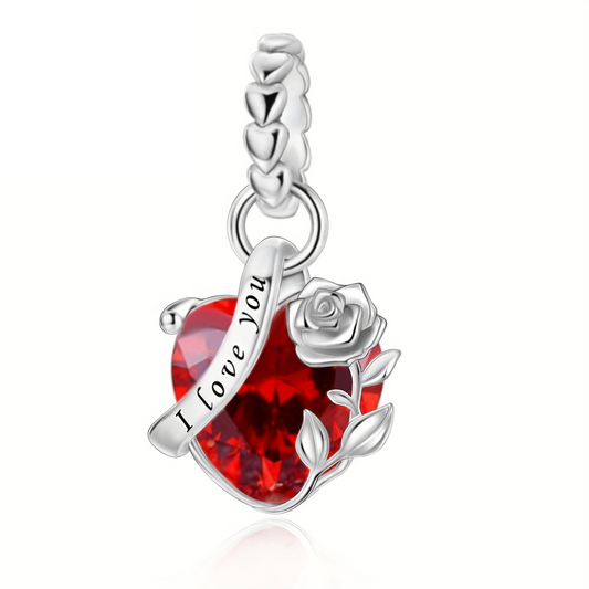 Red Heart & Rose Murano Glass Dangle Charm