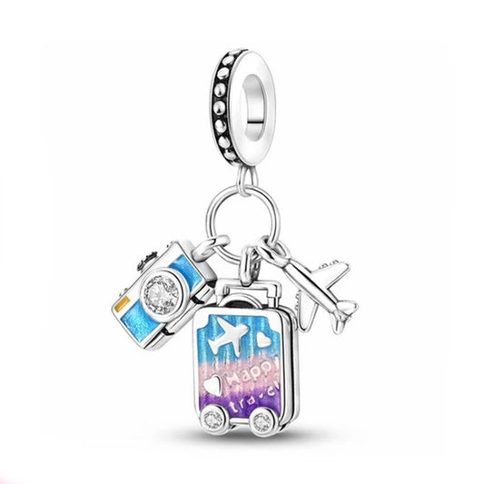Camera, Suitcase & Plane Triple Dangle Charm
