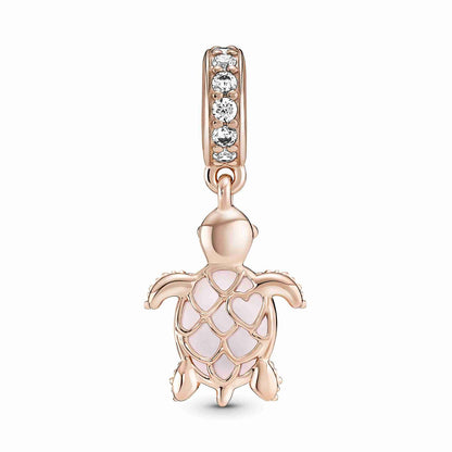 Glass Pink Sea Turtle Dangle Charm - Rose Gold-Plated