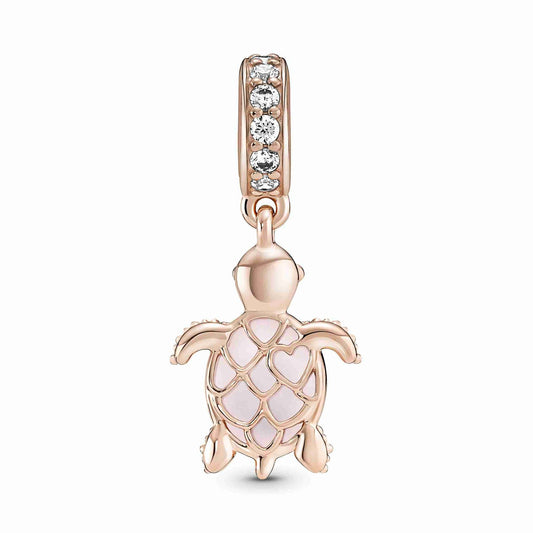 Glass Pink Sea Turtle Dangle Charm - Rose Gold-Plated