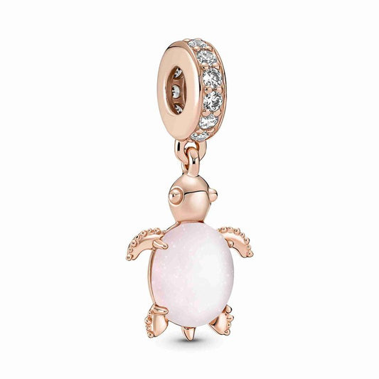 Glass Pink Sea Turtle Dangle Charm - Rose Gold-Plated