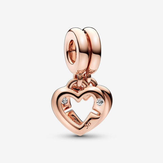 Linked Sister Hearts Split Dangle Charm - Rose Gold-Plated