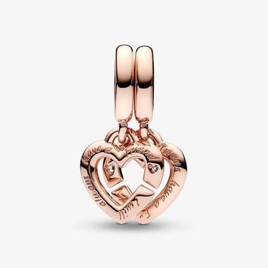 Linked Sister Hearts Split Dangle Charm - Rose Gold-Plated