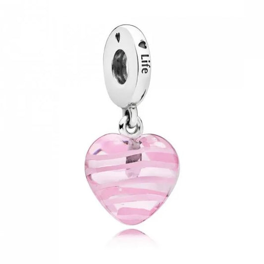 Ribbon Heart Glass Dangle Charm - Pink