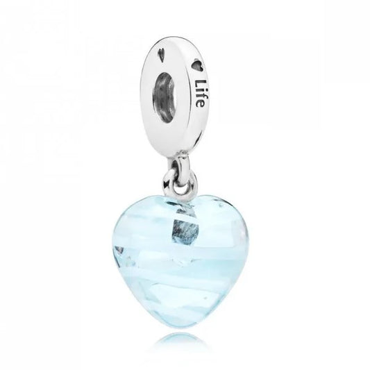 Ribbon Heart Glass Dangle Charm - Blue