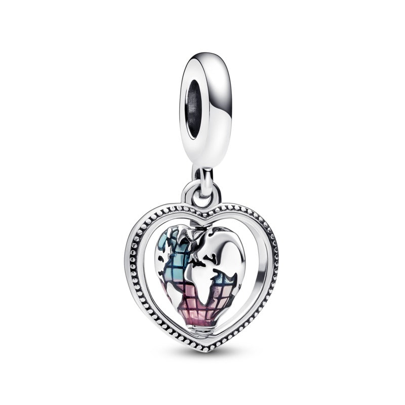 Family Spinning Heart Globe Dangle Charm